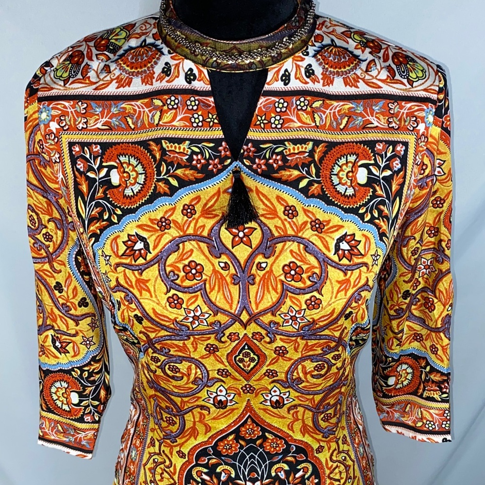 Misslook Yellow Mandala Print Beaded Neck Tunic Dress Kurta - Large - Picture 3 of 12